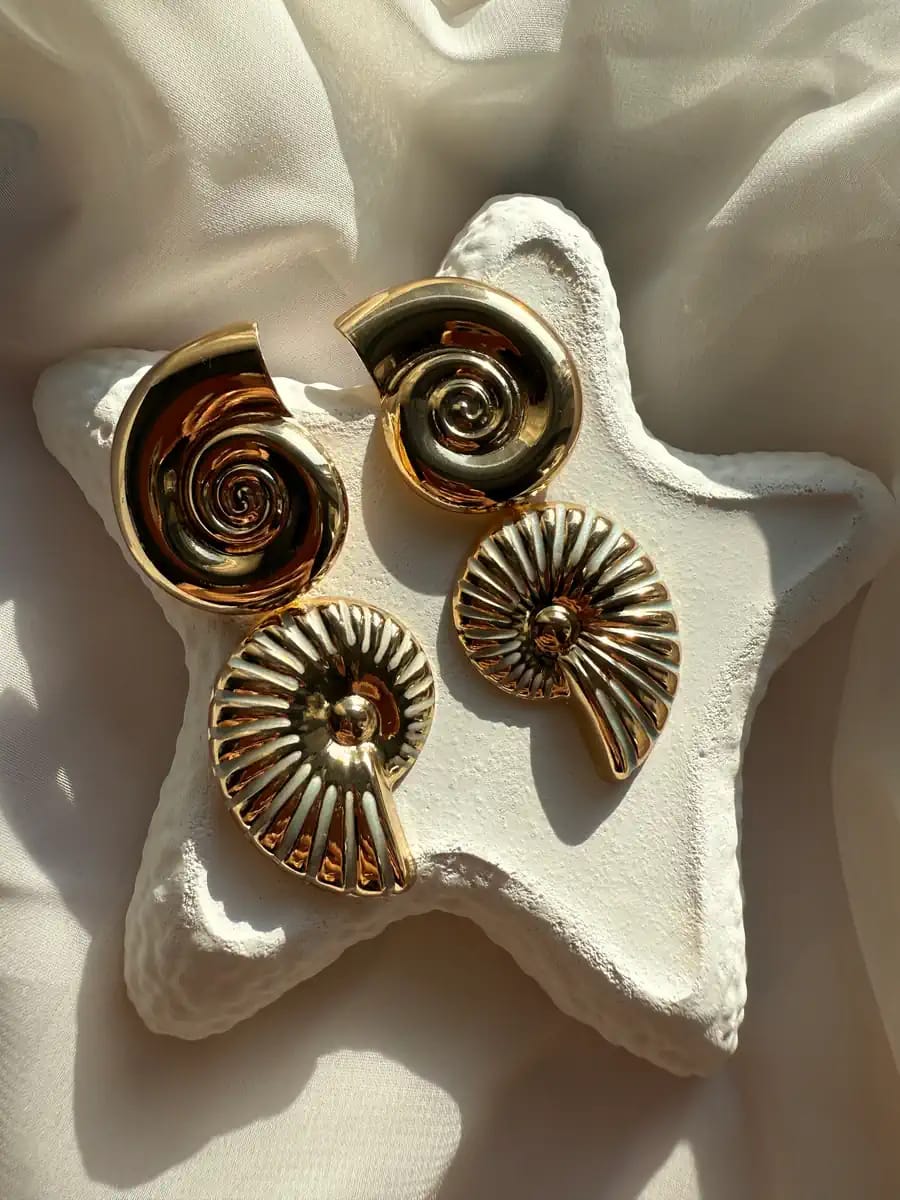 ✨ Raira Gold Spiral Seashell Statement Earrings – Bold & Elegant Designer Jewellery