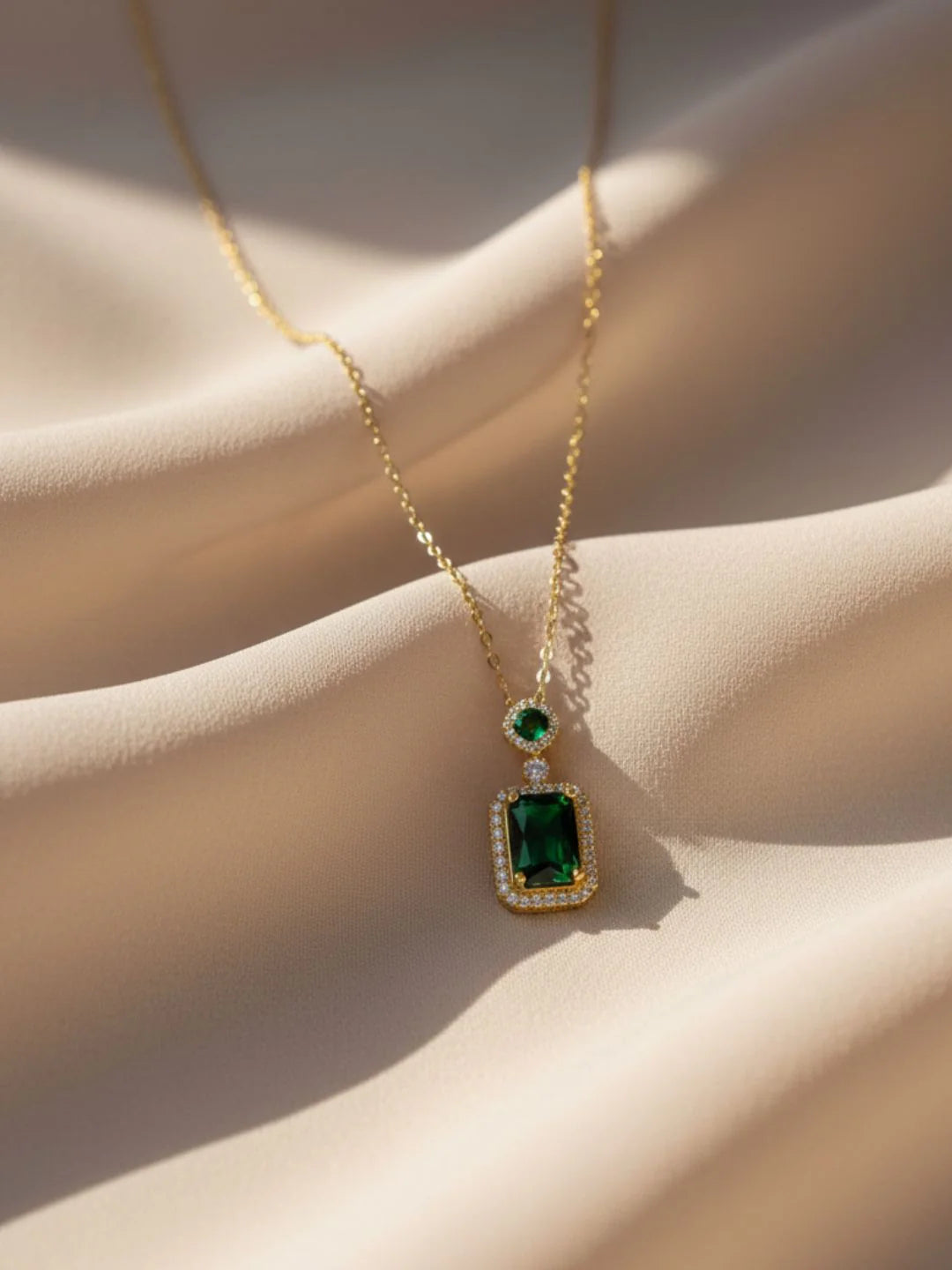 RAIRA Emerald Moissanite Pendant Chain | 18K Gold Plated, Anti-Tarnish Jewelry