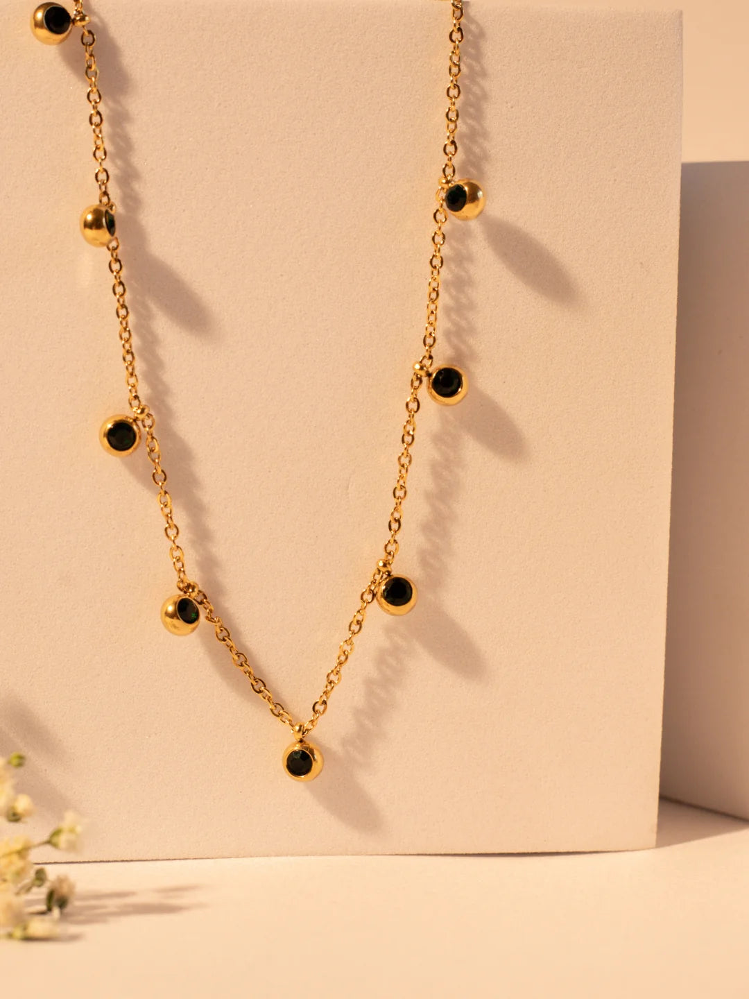 RAIRA Green CZ Studded Necklace – Gold Plated Stainless Steel, Adjustable Chain