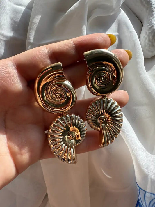 ✨ Raira Gold Spiral Seashell Statement Earrings – Bold & Elegant Designer Jewellery