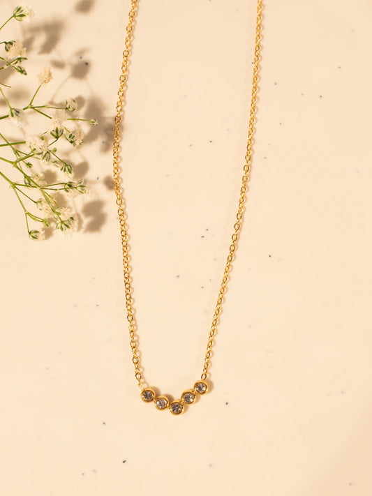 RAIRA V Studded Pendant Necklace – Gold Plated Stainless Steel, AD Stones,