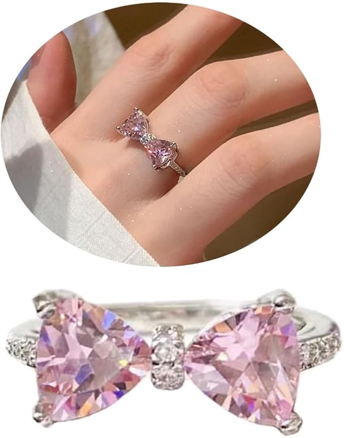 RAIRA Pink Crystal Rings Simple Bowknot Open Finger Rings Gift For Women & Girl's