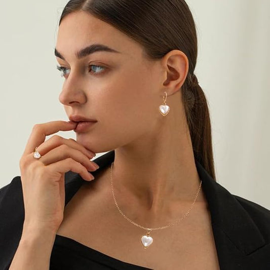 RAIRA Love Pearls Necklace Earrings Rings Jewelry Set Gift for Prom Girls Adjustable Jewelry