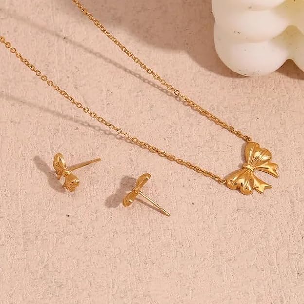 RAIRA Charm Bow-Knot Anti-Tarnish Gold-Plated Chain Necklace Stainless Steel Waterproof GIFT Set for Women and Girls