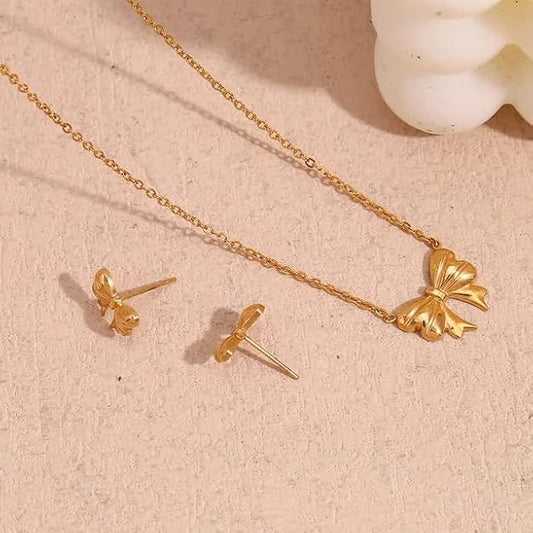 RAIRA Charm Bow-Knot Anti-Tarnish Gold-Plated Chain Necklace Stainless Steel Waterproof GIFT Set for Women and Girls