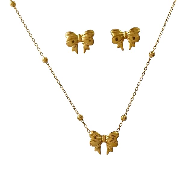RAIRA Charm Bow-Knot Anti-Tarnish Gold-Plated Chain Necklace Stainless Steel Waterproof GIFT Set for Women and Girls