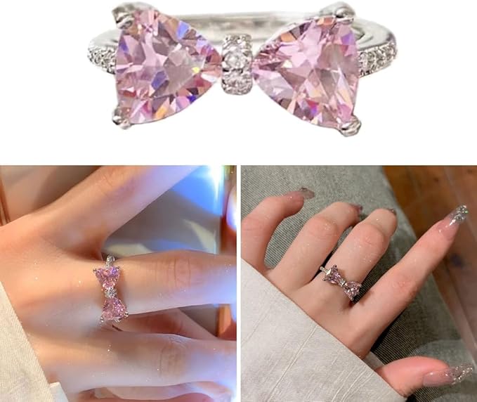 RAIRA Pink Crystal Rings Simple Bowknot Open Finger Rings Gift For Women & Girl's