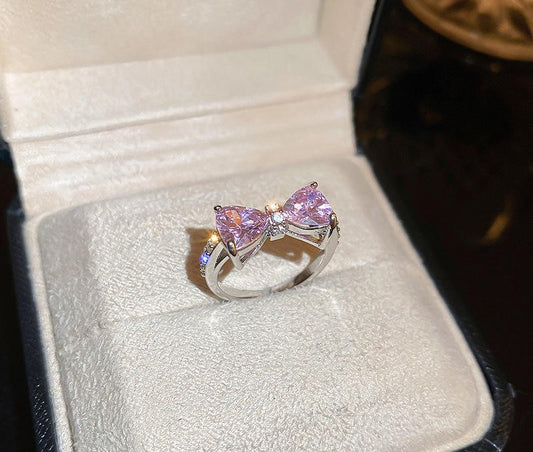 RAIRA Pink Crystal Rings Simple Bowknot Open  Finger Rings Gift For Women & Girl's