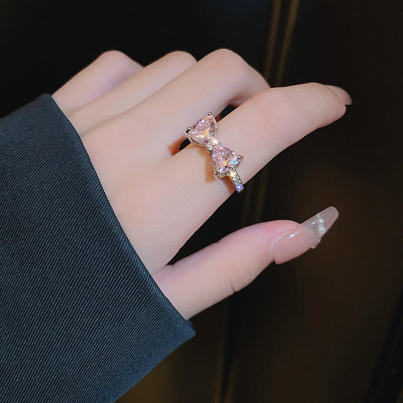 RAIRA Pink Crystal Rings Simple Bowknot Open Finger Rings Gift For Women & Girl's