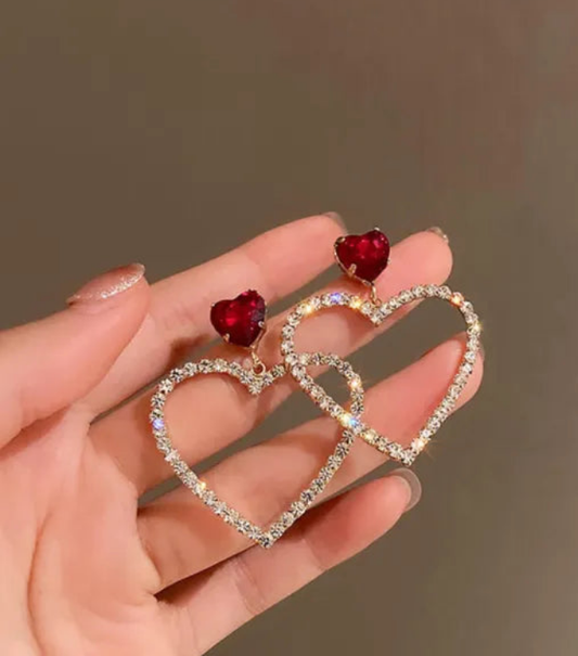 RAIRA Heart Crystal Circle Drop Earrings Red Ruby Heart Stud Rhinestone Cluster Empty Love Dangle Earrings