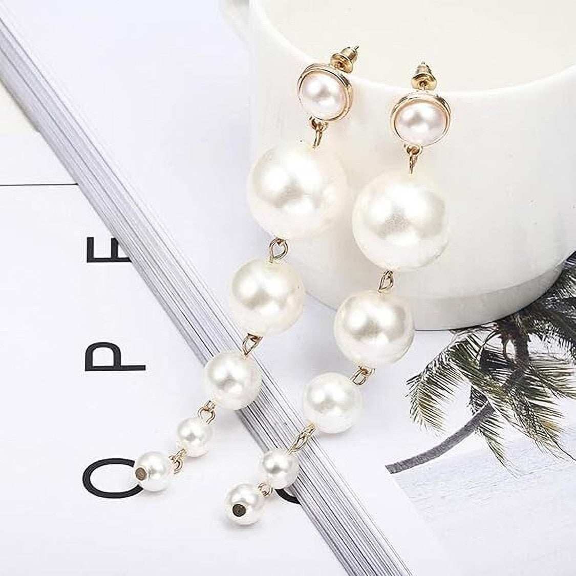 RAIRA Long Pearl Earrings for Women Pearl Dangle Earrings Big Pearl Drop Earrings Gold Pearl Chain Earrings Wedding Bridal Earrings for Women