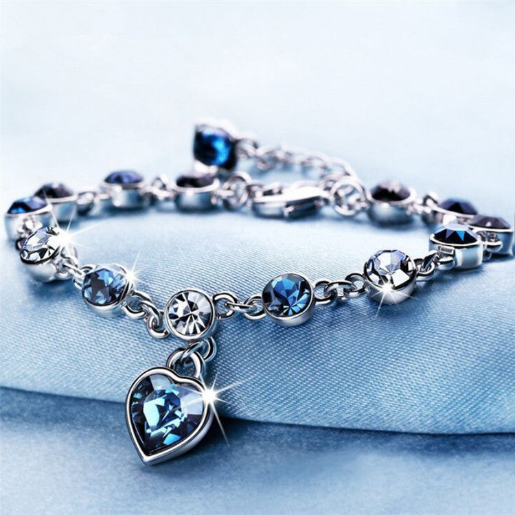 RAIRA 1 Piece Fashion Heart Shape Metal Inlay Rhinestones, Women's Lucky Bracelet Blue Crystal Heart Charm Pulseras Bracelet Bridal Wedding Engagement Valentines Fine Jewelry Gift for Women and Girls