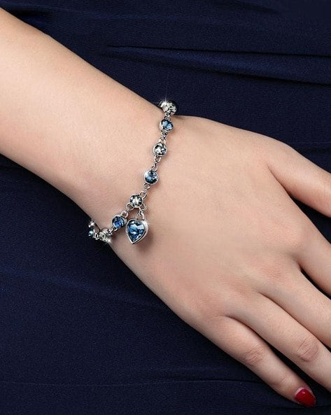 RAIRA 1 Piece Fashion Heart Shape Metal Inlay Rhinestones, Women's Lucky Bracelet Blue Crystal Heart Charm Pulseras Bracelet Bridal Wedding Engagement Valentines Fine Jewelry Gift for Women and Girls