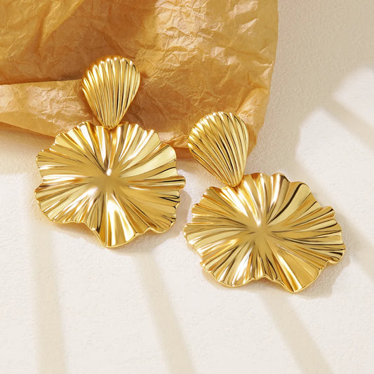 RAIRA 1 Pair Retro Streetwear Geometric Pleated Frill 304 Stainless Steel Imitation Gold Drop Earrings Gold plated lotus Stud Earrings 
Women & Girl’s
