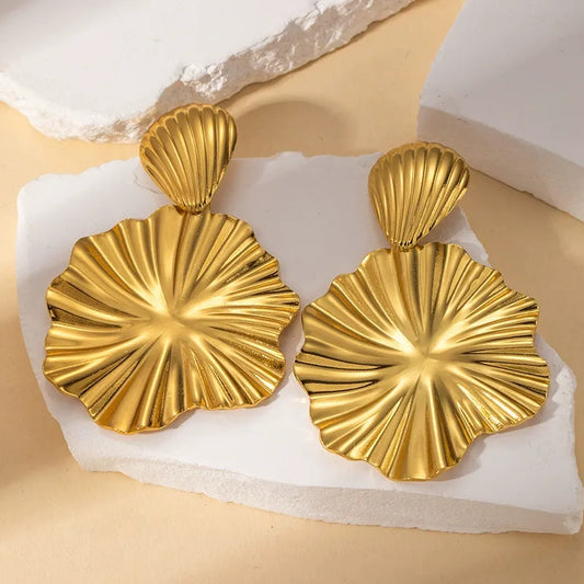 RAIRA 1 Pair Retro Streetwear Geometric Pleated Frill 304 Stainless Steel Imitation Gold Drop Earrings Gold plated lotus Stud Earrings 
Women & Girl’s