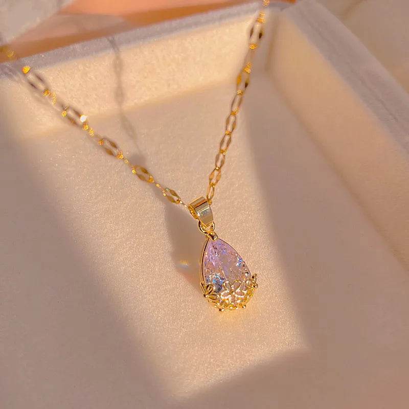 RAIRA Rose Gold Cubic Zirconia Water Drop AD Pendant Necklace for Women - Simple Elegant Clavicle Chain For Women & Girl’s