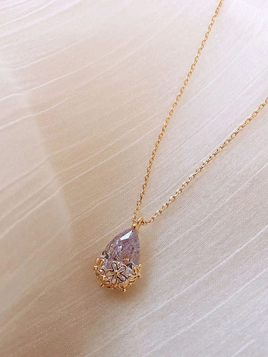 RAIRA Rose Gold Cubic Zirconia Water Drop AD Pendant Necklace for Women - Simple Elegant Clavicle Chain For Women & Girl’s