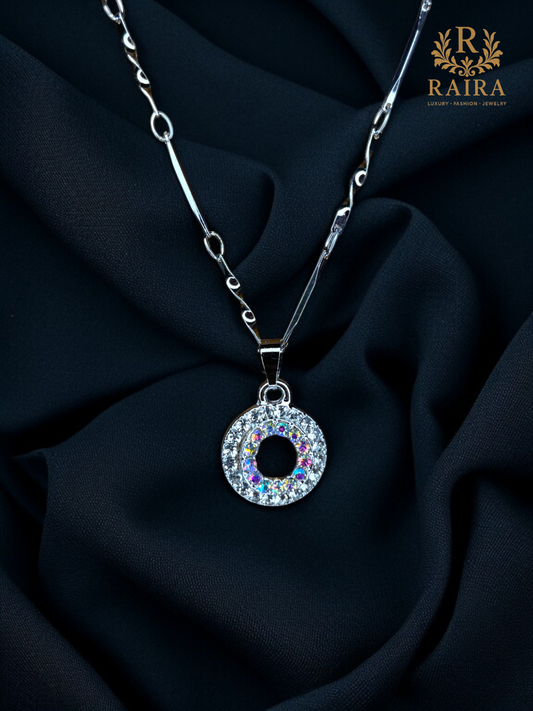 RAIRA Pendants  Ladies Fashion Rhinestone Round Disc Pendant Silver Chain Neck piece for women & Girls
