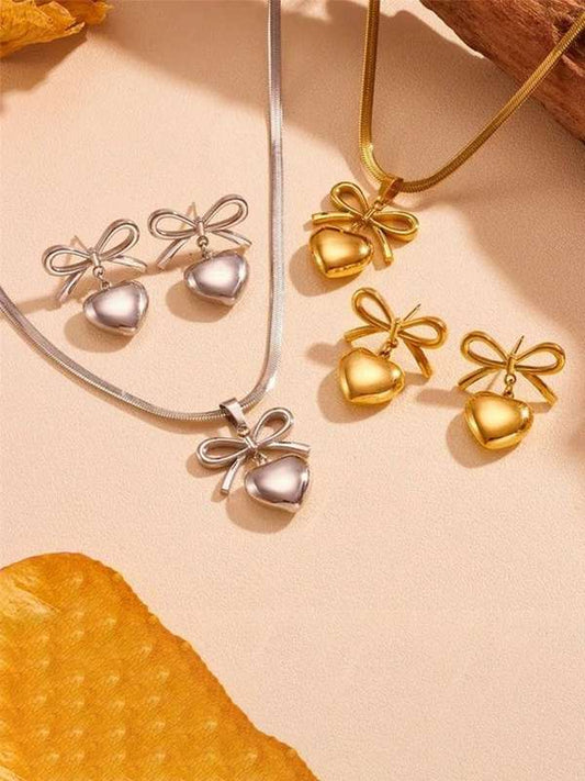RAIRA Bow-Heart Linked Necklace With Earrings Jewelry Gift Set For Women & Girl's
