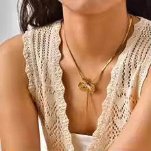 RAIRA Tassel Trileaf Flower Pendant Necklace for Women, Gold Color Stainless Steel Fashion Jewelry Gift