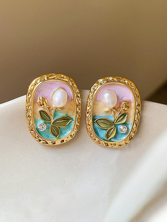 RAIRA Monet Garden Vintage Pearl Flower Stud Earrings For Women's & Girl's