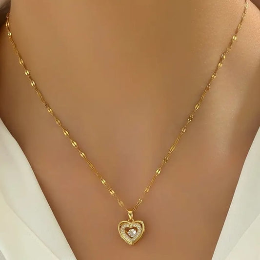RAIRA Pure Gold  plated Double layer Heart Love Necklace with stone , Titanium steel Pendant For Women & Girl's 💓💓