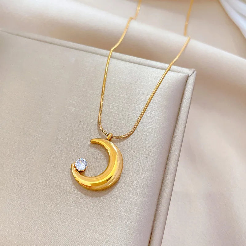 RAIRA Gold Crescent Moon Pendant Necklace with White Crystal, Chain For Women & Girl's
