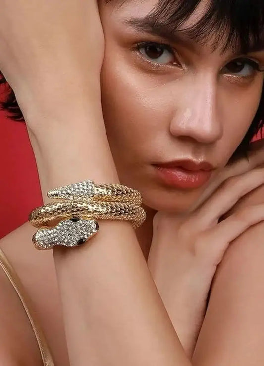 RAIRA Adjustable Snake Bracelet and Rhinestone Choker Necklace or Bracelet – Black Gold Serpent Jewelry Gift Set for Women and Girls