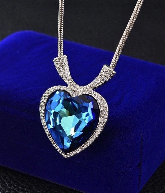 Heart of Ocean Pendant Crystal Gemstone Pendant Silver Chain Necklace for Women Girls