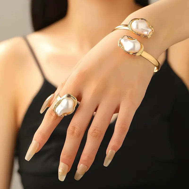 RAIRA 2PCS Korean Elegant Multi-color Baroque Imitation Pearl Bangles Ring Jewelry Set Women Chunky