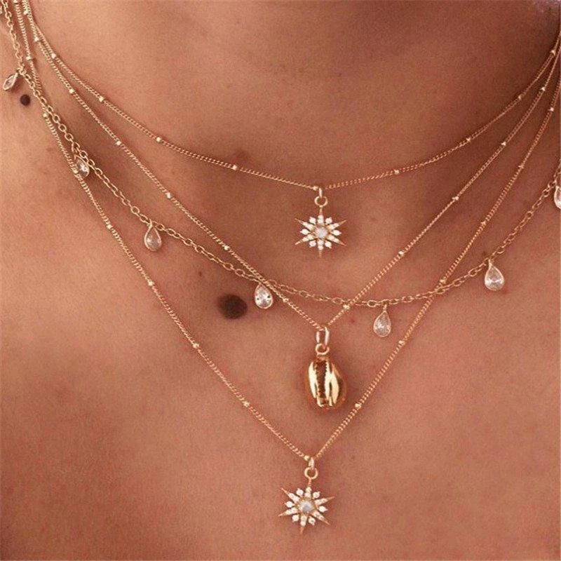 RAIRA Fashion Elegant Crystal Pendant Necklace Retro Multi-Layer Necklaces Women & Girl's Jewelery Accessories (Golden