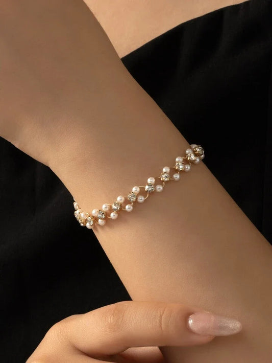 RAIRA Gold Plated Fancy Bracelet Gold-Toned & Off-White Beaded Bracelet For Women & Girl's