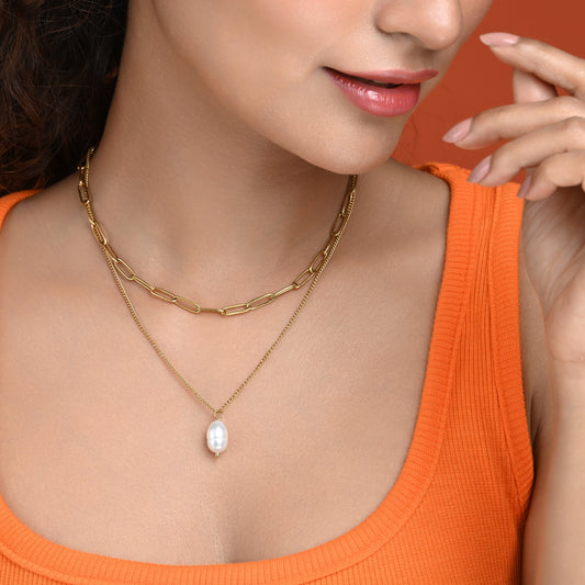 RAIRA 2-layer Paperclip Gold Chain and Freshwater Pearl Pendant Necklace for Women | 18K Gold-Plated Jewelry | Necklaces for Women & Girl's