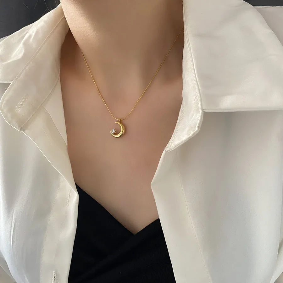 RAIRA Gold Crescent Moon Pendant Necklace with White Crystal, Chain For Women & Girl's