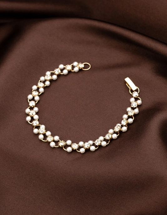 RAIRA Gold Plated Fancy Bracelet Gold-Toned & Off-White Beaded Bracelet For Women & Girl's