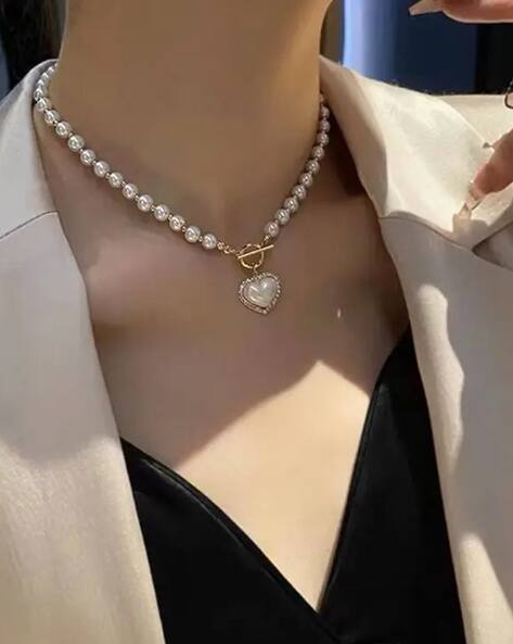 RAIRA Glossy White Pearls Heart Shaped Necklace for Women & Girl's