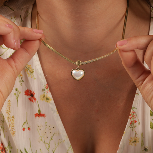 RAIRA Korean Style Heart Pearl Pendant Necklace, Gold Plated Snake Chain | Women's Necklace
