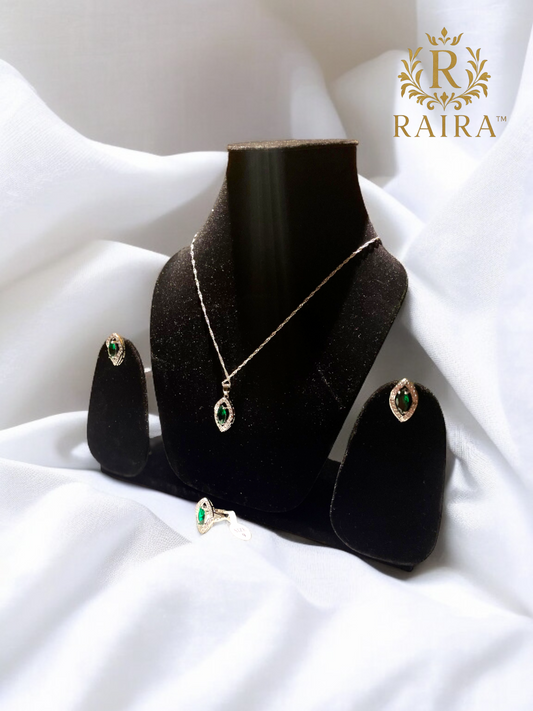 RAIRA Silver Plated AD Stone Studded Necklace with Earings & Ring