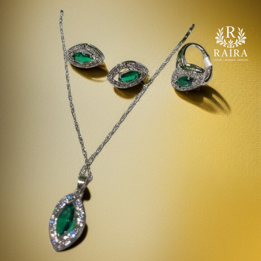 RAIRA Silver Plated AD Stone Studded Necklace with Earings & Ring
