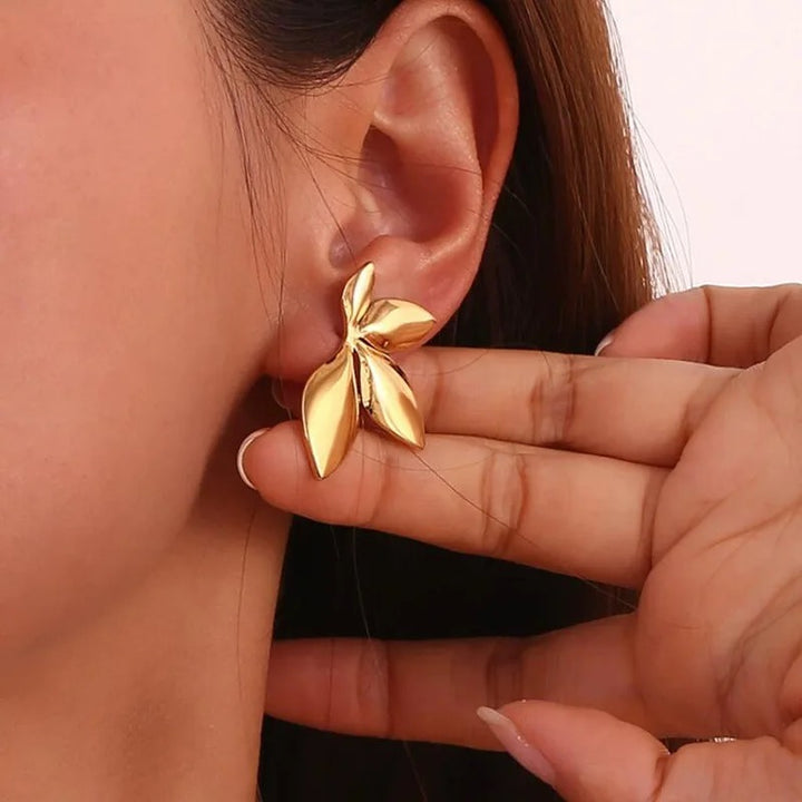 RAIRA Gold Plated Stainless Steel Petal Half Flower Stud Earrings - Golden For Women & Girls