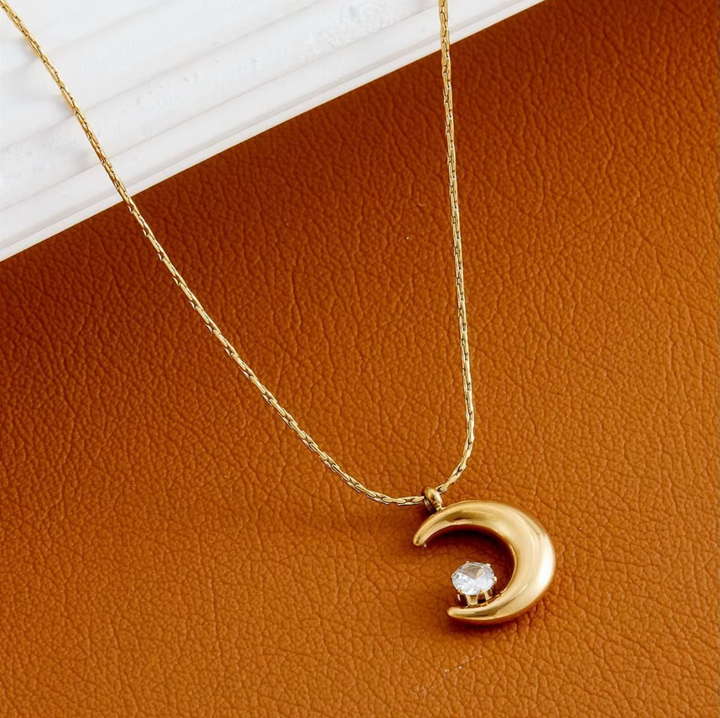 RAIRA Gold Crescent Moon Pendant Necklace with White Crystal, Chain For Women & Girl's