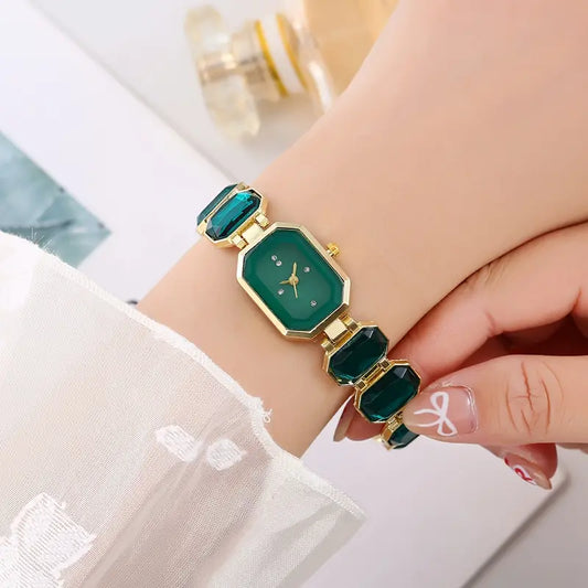 RAIRA Women's Emerald Green Square Watch with Golden-Tone Zinc Alloy Case & -Accented Bracelet Band - Quartz Movement,