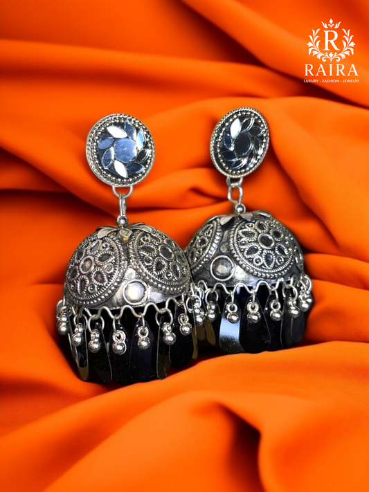 RAIRA Mirrors Studded Afghan Design Oxidised Silver Plated Handcrafted Chandelier Jhumkas For Women & Girls