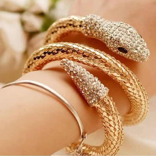 RAIRA Adjustable Snake Bracelet and Rhinestone Choker Necklace or Bracelet – Black Gold Serpent Jewelry Gift Set for Women and Girls