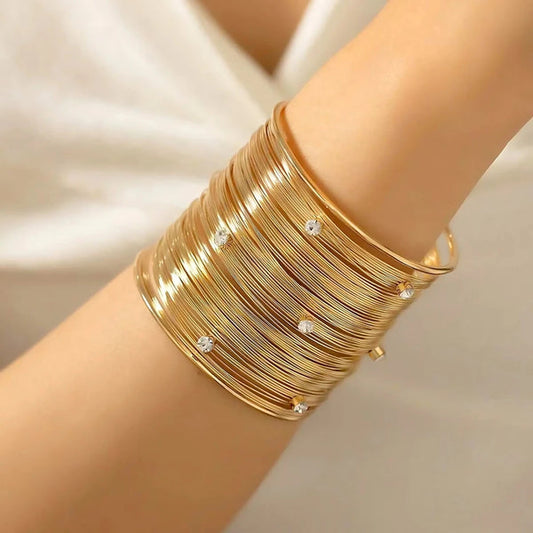 RAIRA Gold Toned Artificial Chunky Wide Bangle Wrist Cuff Layered Bracelet Boho Hollow Adjustable Rhinestone Wrap Cuff Bracelet  For Women & Girl's