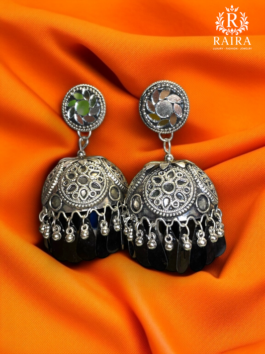 RAIRA Mirrors Studded Afghan Design Oxidised Silver Plated Handcrafted Chandelier Jhumkas For Women & Girls