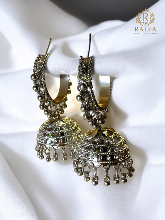 RAIRA Oxidised Silver Bali Jumbo Jhumki or Jhumka Earrings for Women & Girls.