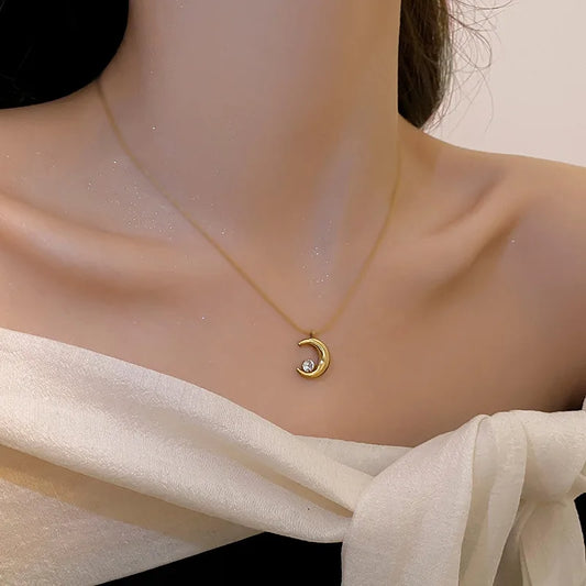 RAIRA Gold Crescent Moon Pendant Necklace with White Crystal, Chain For Women & Girl's