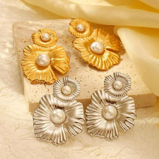 RAIRA Pearl Flower Statement Earrings for Women Big 18K Gold Plated Moon Rhinestone Stud Earrings Boho Half Sunflower Dangle Earring for Prom Jewelry Gift