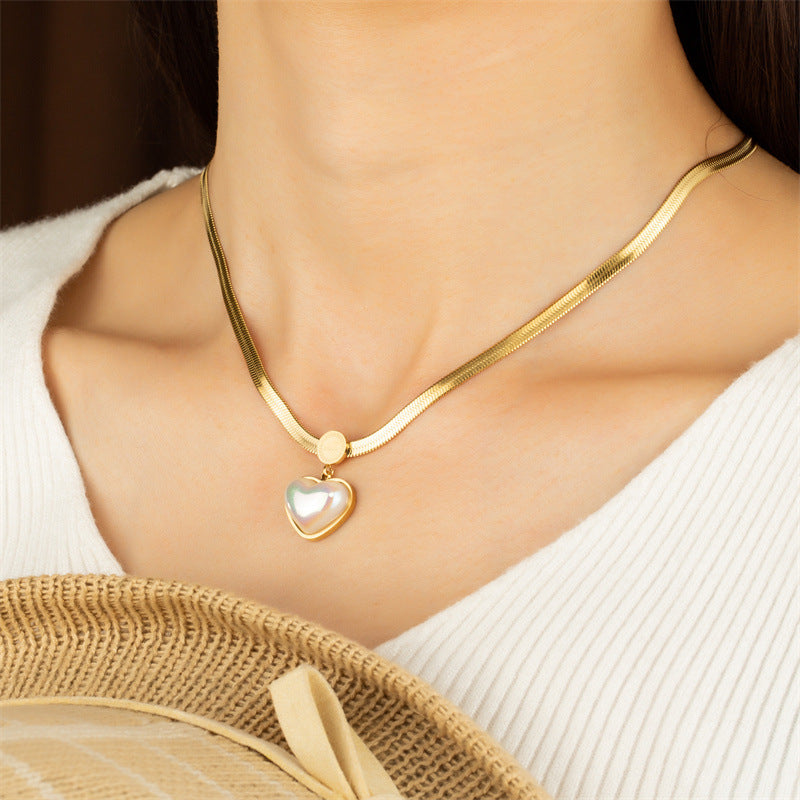 RAIRA Korean Style Heart Pearl Pendant Necklace, Gold Plated Snake Chain | Women's Necklace